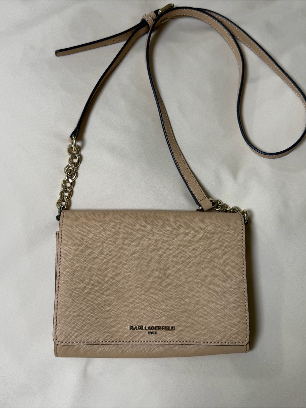 Karl Lagerfeld Paris Beige Flap Crossbody | Chain Strap